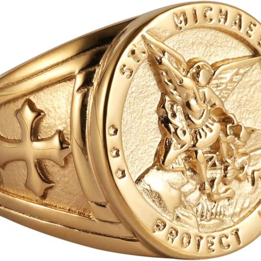 St. Michael San Miguel The Great Protector Archangel Defeating Satan Amulet Ring - Picture 3 of 4